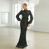 Elegant Long Sleeve Long Waist round Neck Annual Meeting Sequined Evening Dress Bridesmaid Dress for